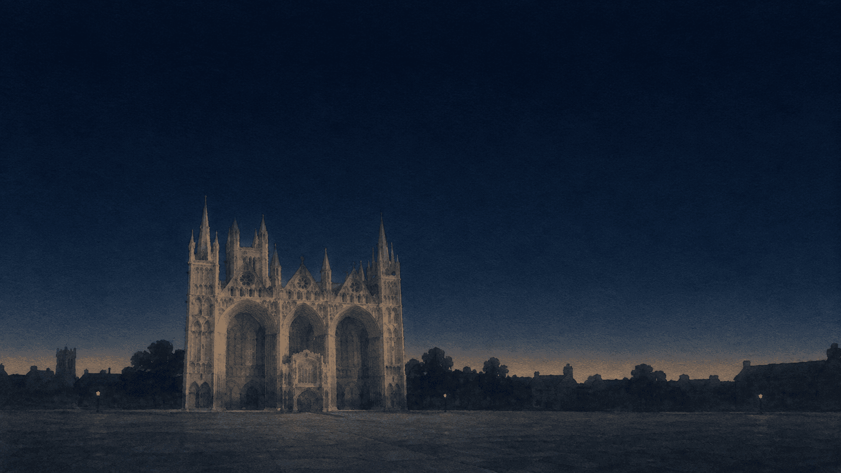 A painting of Peterborough at dusk